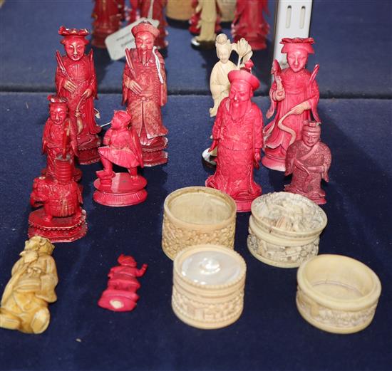 A group of Chinese ivory chess pieces and Canton ivory containers, 19th century